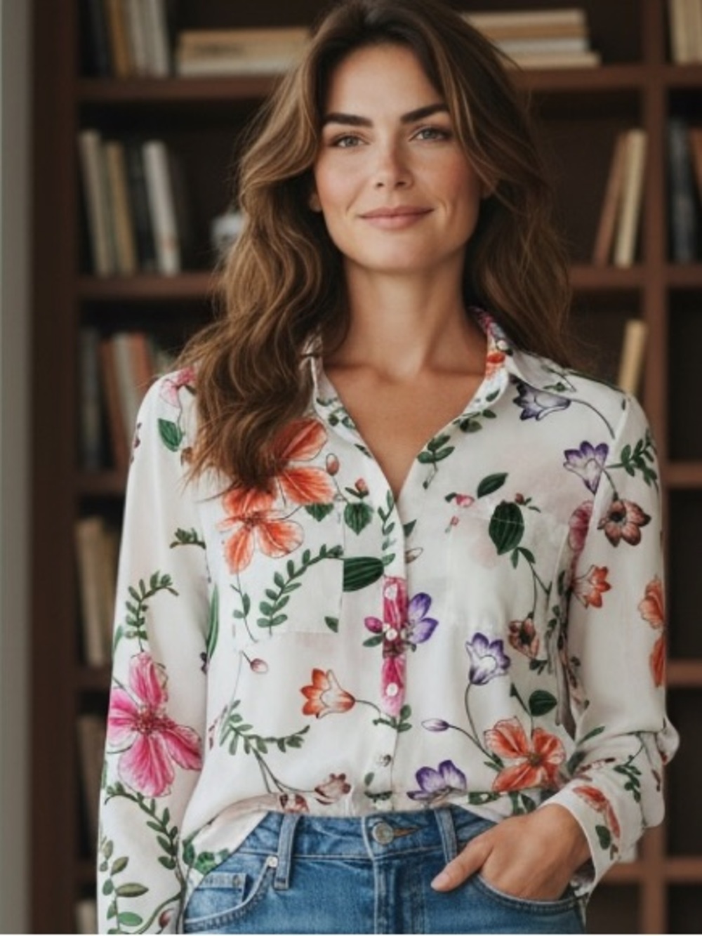Express White Floral Blouse with Multicolor Bloom Print